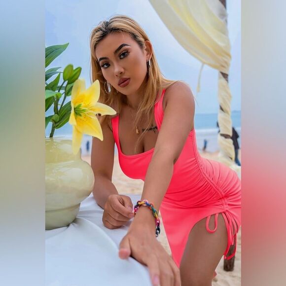 Ruched Midi Bodycon Dress Neon Pink Adjustable Leg Slit Small - Picture 6 of 10